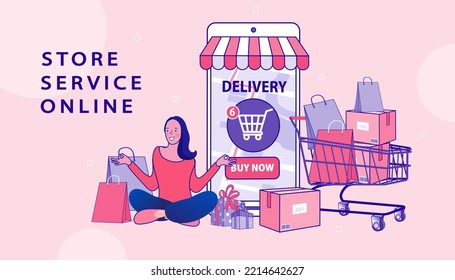 Escena de tienda digital de internet con mujer de compras. Ilustración publicitaria del comercio electrónico. servicio de entrega rápida en línea. Manos sosteniendo una caja de paquetes con comestibles fuera de la pantalla móvil. Entrega de alimentos.