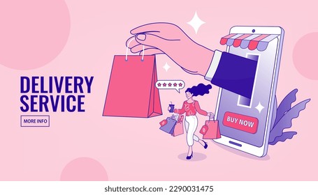 Internet digital store scene with woman on shopping. E-commerce advertising illustration. fast online delivery service. Hands holding a package box with groceries out of mobile screen. Food delivery.