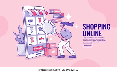 Internet digital store scene with woman on shopping. E-commerce advertising illustration. fast online delivery service. Hands holding a magnifying glass with groceries out of mobile screen. vector