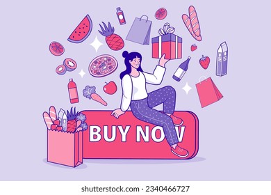 Internet digital store scene with woman on shopping. E-commerce advertising illustration. fast online delivery service. Hands holding a package box with groceries out of mobile screen. Food delivery.