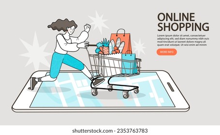 Internet digital store scene with woman on shopping. E-commerce advertising illustration. fast online delivery service. Hands holding a package box with groceries out of mobile screen. Food delivery.