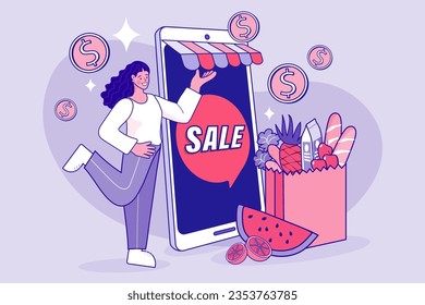 Internet digital store scene with woman on shopping. E-commerce advertising illustration. fast online delivery service. Hands holding a package box with groceries out of mobile screen. Food delivery.