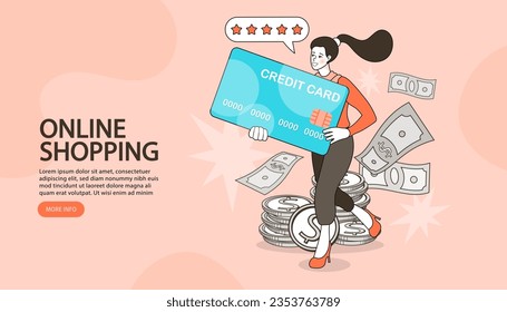 Internet digital store scene with woman on shopping. E-commerce advertising illustration. fast online delivery service. Hands holding a package box with groceries out of mobile screen. Food delivery.