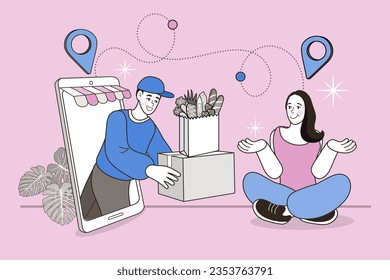 Internet digital store scene with woman on shopping. E-commerce advertising illustration. fast online delivery service. Hands holding a package box with groceries out of mobile screen. Food delivery.