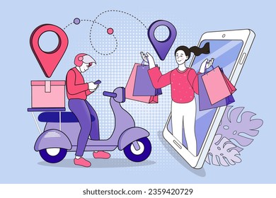 Internet digital store scene with woman on shopping. E-commerce advertising illustration. fast online delivery service. Girl holding shopping bags standing outside mobile screen. Food delivery.