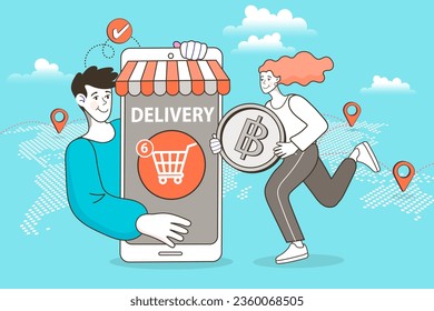 Internet digital store scene with woman on shopping. E-commerce advertising illustration. fast online delivery service. Hands holding a coin with groceries out of mobile screen. Food delivery. vector