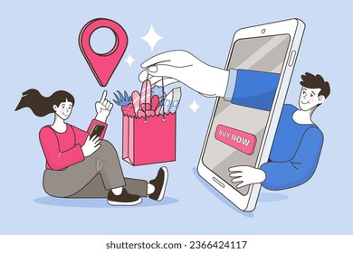 Internet digital store scene with woman on shopping. E-commerce advertising illustration. fast online delivery service. Hands holding a shopping bag with groceries out of mobile screen. Food delivery.