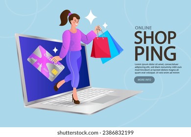 Internet digital store scene with woman on shopping. E-commerce advertising illustration. fast online delivery service. Hands holding a package box with groceries out of laptop screen. Food delivery.