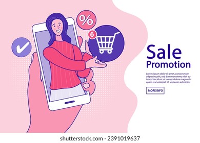 Internet digital store scene with woman on shopping. E-commerce advertising illustration. fast online delivery service. groceries out of mobile screen. Food delivery. Vector flat style illustration.