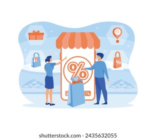 Internet digital store scene with woman on shopping. fast online delivery service. Hands holding a package box with groceries out of mobile screen. flat vector modern illustration 