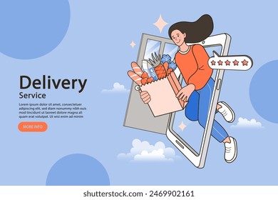 Internet digital store scene with woman on shopping. E-commerce advertising illustration. fast online delivery service. Hands holding a package bag with groceries out of mobile screen. Food delivery.