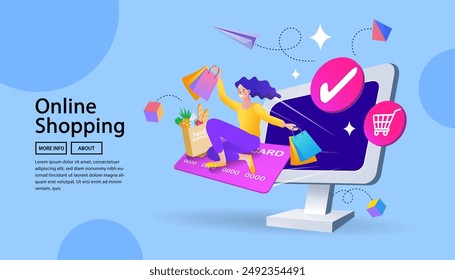 Internet digital store scene with woman on shopping. E-commerce advertising illustration. fast online delivery service. Hands holding a package box with groceries out of laptop screen. Food delivery.