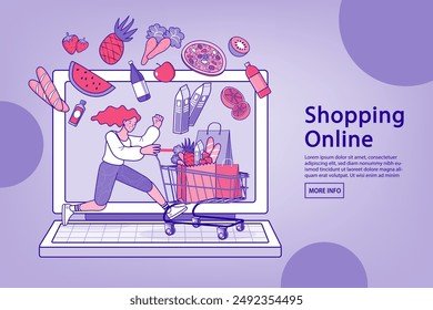 Internet digital store scene with woman on shopping. E-commerce advertising illustration. fast online delivery service. Hands holding a package box with groceries out of laptop screen. Food delivery.