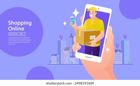 Internet digital store scene with woman on shopping. E-commerce advertising illustration. fast online delivery service. groceries out of mobile screen. Food delivery on social networks through phone.