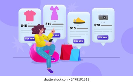 Internet digital store scene with woman on shopping. E-commerce advertising illustration. fast online delivery service. groceries out of mobile screen. Food delivery on social networks through phone.