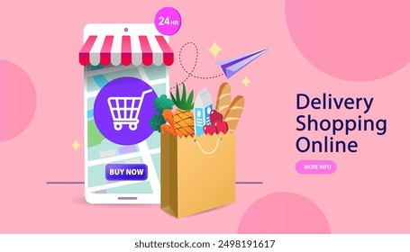 Internet digital store scene with woman on shopping. E-commerce advertising illustration. fast online delivery service. groceries out of mobile screen. Food delivery on social networks through phone.