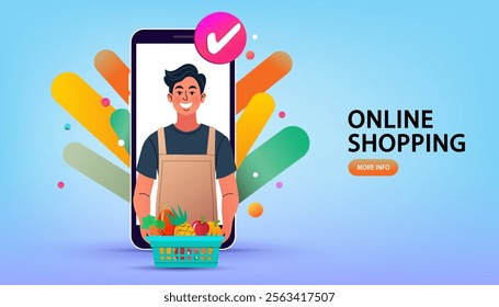 Internet digital store scene with woman on shopping. E-commerce advertising illustration. fast online delivery service. groceries out of mobile screen. Food delivery on social networks through phone.