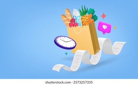 Internet digital store scene with woman on shopping. E-commerce advertising illustration. fast online delivery service. groceries out of mobile screen. Food delivery on social networks through phone.