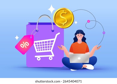 Cena da loja digital da Internet com a mulher nas compras. Ilustração de propaganda de e-commerce. serviço de entrega on-line rápido. Mãos segurando uma caixa de pacote com mantimentos fora da tela móvel. Entrega de alimentos.