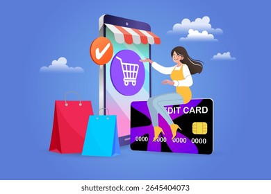 Internet digital store scene with woman on shopping. E-commerce advertising illustration. fast online delivery service. Hands holding a package box with groceries out of mobile screen. Food delivery.