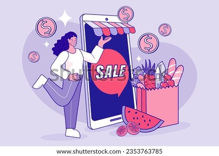 Internet digital store scene with woman on shopping. E-commerce advertising illustration. fast online delivery service. Hands holding a package box with groceries out of mobile screen. Food delivery.