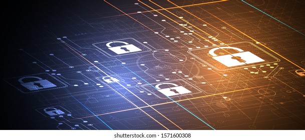 internet digital syber security technology concept for business background. Lock on circuit board