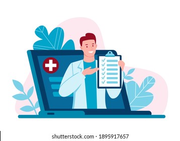Internet doctor. Telemedicine. Doctor's consultation via the Internet with a doctor. Medicine and healthcare concept. Online medical care for patients. Vector illustration in flat cartoon style.