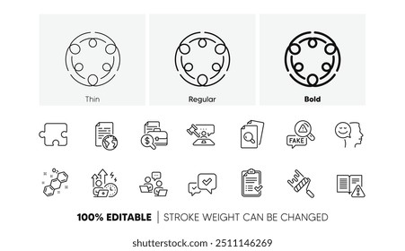 Documento de Internet, informe de contabilidad e iconos de línea de rodillo de pintura. Paquete de aprobación, lista de verificación aprobada, icono de buen sentimiento. Estrés difícil, trabajo en equipo, pictograma de fórmula química. Puzzle. Vector