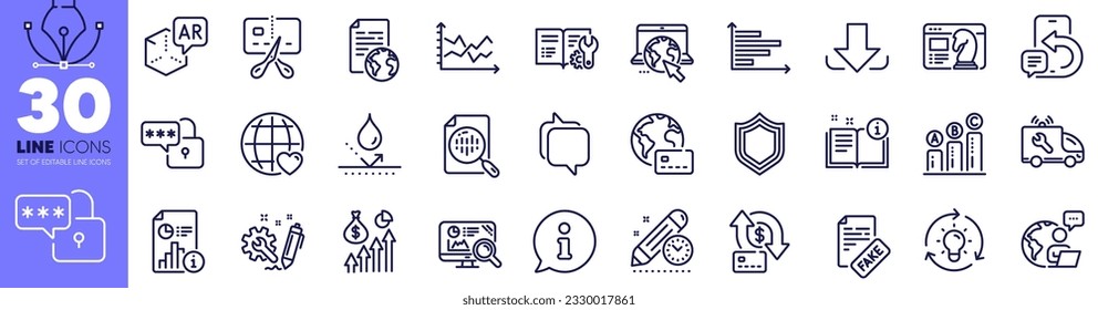 Internet document, Info and Car service line icons pack. Internet, Idea, Seo strategy web icon. Engineering, Engineering documentation, Graph chart pictogram. Lock, Money transfer, Security. Vector