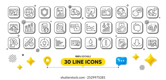 Documento de Internet, Info y paquete de iconos de línea de servicio de coche. Elementos de diseño 3D. Icono de Web de estrategia de Internet, Idea, Seo. Ingeniería, documentación de ingeniería, pictograma de gráfico. Vector