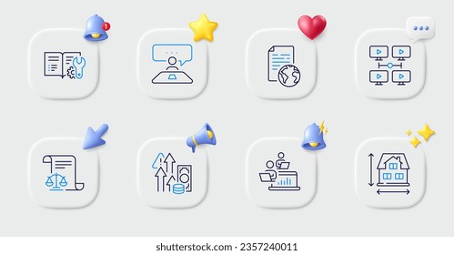 Internet document, Legal documents and Inflation line icons. Buttons with 3d bell, chat speech, cursor. Pack of Teamwork, Video conference, Interview job icon. Vector