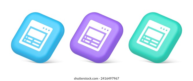 Internet document tax form banking account web page button virtual browsing interface 3d realistic blue purple and green icons. Online website digital connection emblem