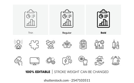 Internet documents, Reminder and Yoga line icons. Pack of Stress, Puzzle, Medical vaccination icon. Stay home, Employees wealth, Quick tips pictogram. Computer, Report, Gears. Line icons. Vector