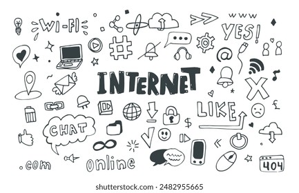 Internet doodle design elements, vector illustration set isolate on white background, various internet and social media elements , hand drawn doodle style illustration for your design.