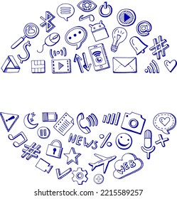 Internet doodle icons. Round shape with hand drawn social media symbols