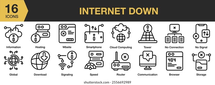 Internet Down icon set. Includes smartphone, website, speed, router, communication, browser, no signal, tower, and More. Outline icons vector collection.