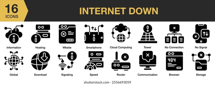 Internet Down solid icon set. Includes smartphone, website, speed, router, communication, browser, no signal, tower, and More. Solid icons vector collection.