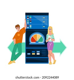 Internet Download Speed Testing Application Vector. Young Man And Woman Using Smartphone App For Test Online Download Speed Or Downloading Media File. Characters Flat Cartoon Illustration