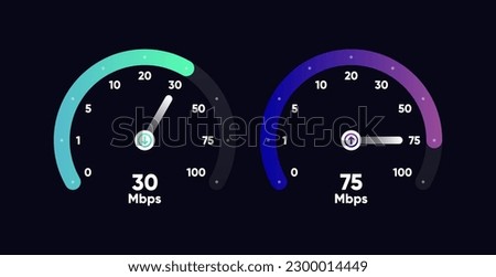 Internet download and upload speed test gauge. Internet speed test software and network performance information. Internet connection speed test. Modern design for software. Vector illustration.