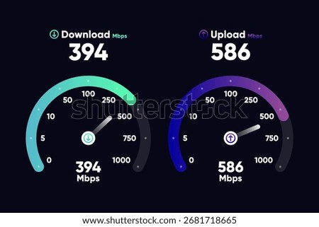 Internet download and upload speed test gauge. Internet speed test software and network performance information. Internet connection speed test. Modern design for software. Vector illustration.