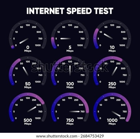 Internet download and upload speed test gauge. Internet speed test software and network performance information. Internet connection speed test. Modern design for software. Vector illustration.