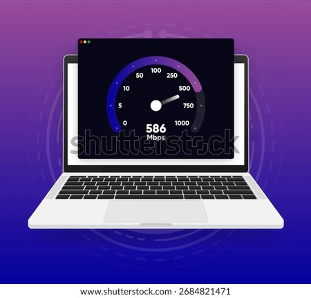 Internet download and upload speed test gauge. Internet speed test software and network performance information. Internet connection speed test. Modern design for software. Vector illustration.