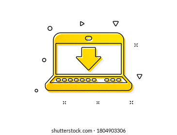 Internet Downloading with Laptop sign. Download icon. Load file symbol. Yellow circles pattern. Classic internet downloading icon. Geometric elements. Vector