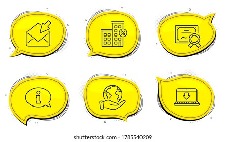 Internet downloading sign. Diploma certificate, save planet chat bubbles. Information, Loan house and Open mail line icons set. Info center, Discount percent, View e-mail. Load data. Vector