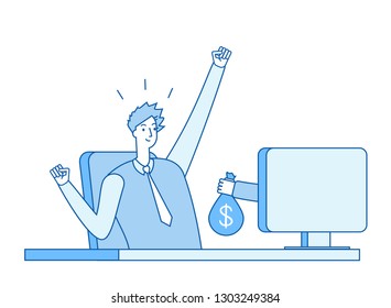 Internet earning. Hand with money bag coming out of computer screen. Gambling investing online bank payment business vector concept