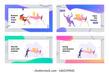 Internet Earning, Making Money Online Website Landing Page Set, Hand Giving Money to Business People Sitting at Computer Screen, Freelance Job, Web Page. Cartoon Flat Vector Illustration, Banner
