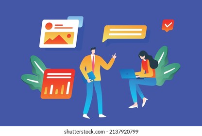 Internet e-commerce, people communicate in front of a computer, vector illustration