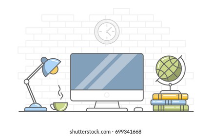 Internet education. Back to school. Desktop with monitor, lamp, cup, books and globe against a white brick wall background. Linear style