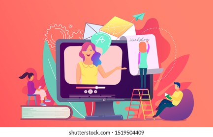 Internet education, calligraphy school. Online workshop, online topic course, distance web learning, connect to our workshop concept. Bright vector isolated illustration