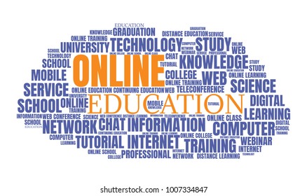 Internet education concept. Distance learning word cloud collage. E-learning illustration